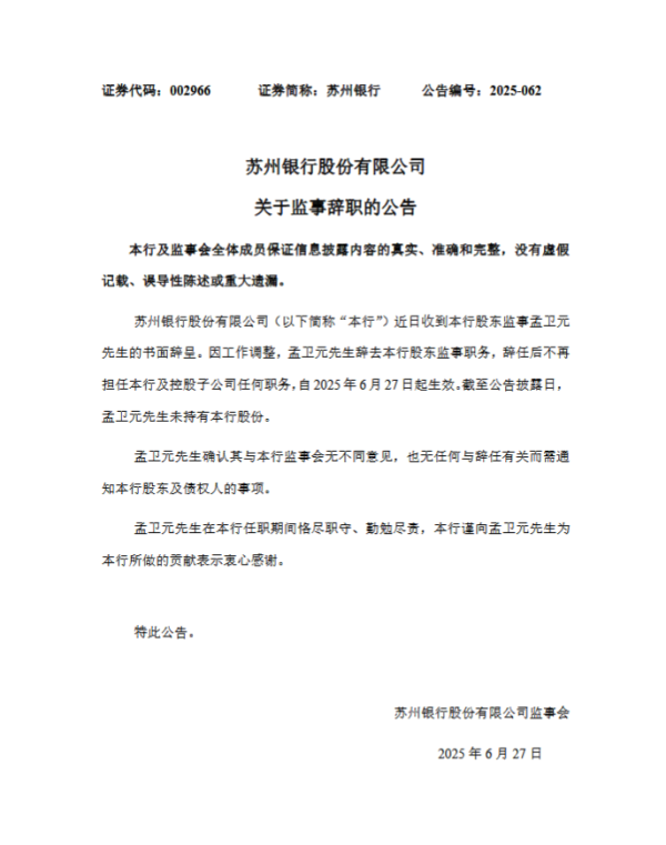 驰盈配资 苏州银行：孟卫元因工作调整辞任股东监事